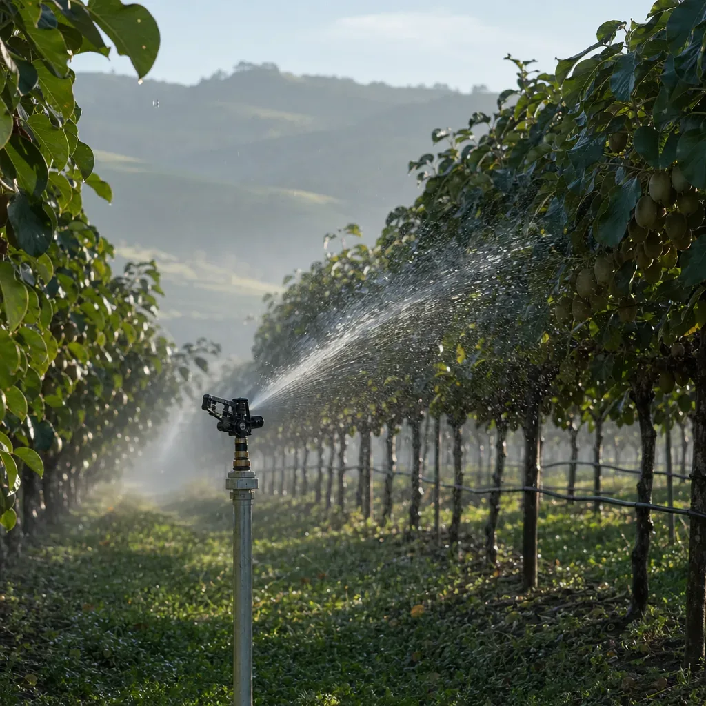 Irrigation sprinklers running through orchard rows